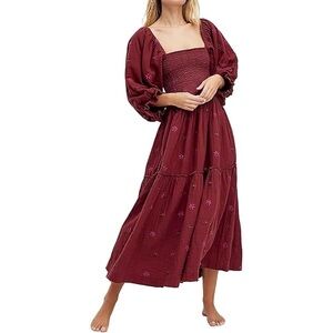 Burgundy Maxi Dress with Floral Embroidery